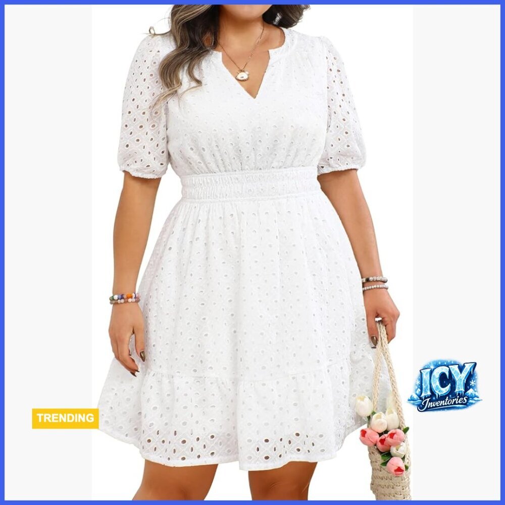 Polyester Hollow Out Eyelet Lace A-Line Short Dress for Summer Casual
